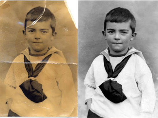 Photo restoration of old portrait with tears mended and gaps filled in
 