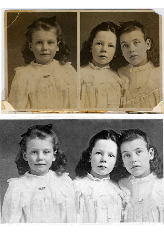 Two separate portraits digitally joined into one and restored - contrast and brightness improved